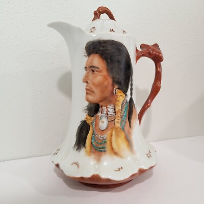 #ad Vintage Hand Painted Porcelain Coffee Pot Native American Southwest $76.49