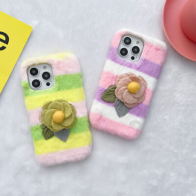 For iPhone 14 Pro Max 11 12 13 XR XS Cute Rainbow 3D Flower Fur Plush Phone Case $10.49