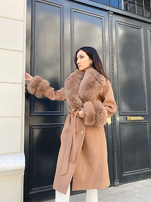 #ad Cashmere Women#x27;s Winter Coat Real Fox Fur Long Overcoat Plus Size Stylish Camel $289.11