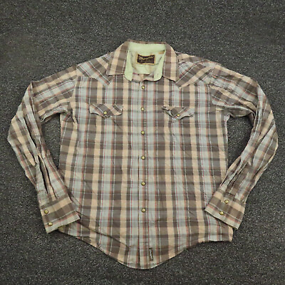 #ad Wrangler Shirt Adult Large Brown amp; Red Plaid Retro Snap Button Up Western Mens $12.59