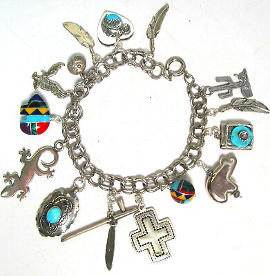#ad All sterling silver Southwestern charm bracelet with turquoise and inlay 7quot; $199.95