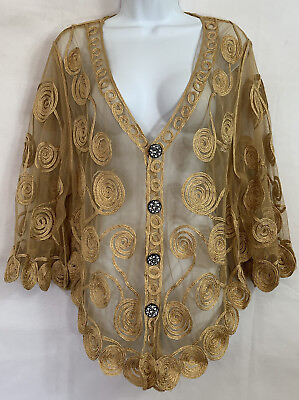 #ad Vivid Importers of NY Plus One Size Gold Sheer Appliqued Brocade Button Blouse $22.07