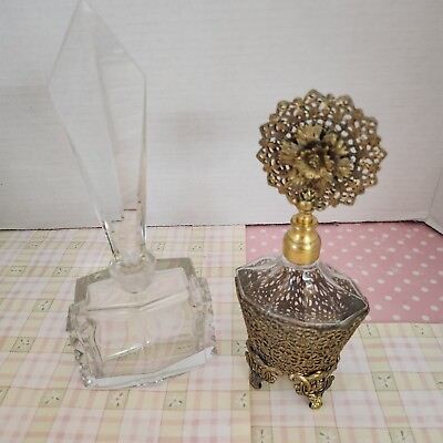 #ad 2 Vintage Fancy Perfume Bottles Globe 24 Kt Plated Cut Crystal $110.00