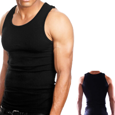 #ad 3Pc 100% Cotton Mens A Shirt Ribbed Tank Top Sport Undershirt Black $10.65