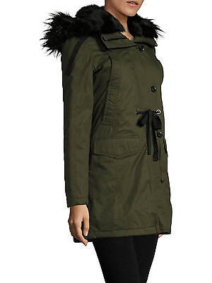 #ad NWT French Connection Parka w Faux Fur Hood S $280 Military Green Coat Jacket $149.00
