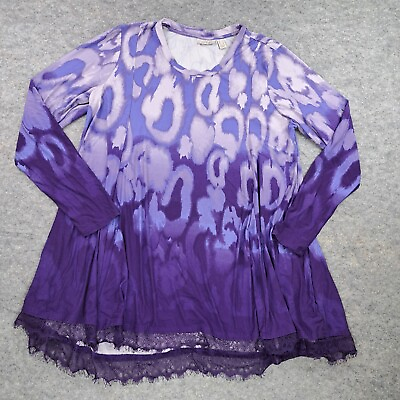 #ad LOGO Lori Goldstein Shirt Womens Large Purple Long Sleeve Lace Hem Tunic Top $24.98
