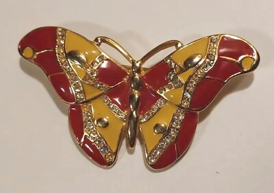 #ad Vtg Gold Tone Red Yellow Enamel Clear Rhinestone Textured Butterfly Shape Brooch $9.00
