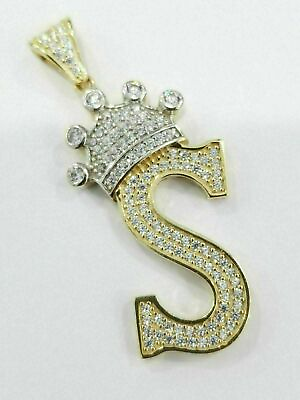 #ad 2Ct Simulated Diamond Initial S Letter Alphabet King Crown Pendant Gold Finish $87.99