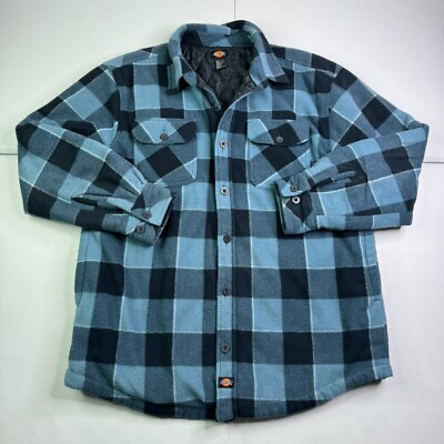 #ad Dickies Mens Blue Plaid Flannel Fleece Jacket Quilt Lined Button Shacket Shirt L $38.00