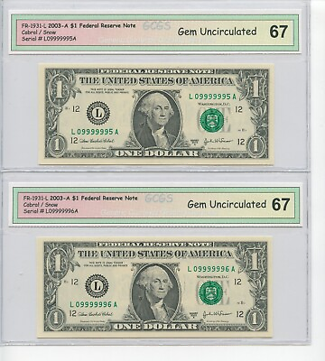 #ad 2003 $1 Federal Reserve Notes 6 Of A Kind Uncirculated 3 Consecutive Notes SR123 $195.00