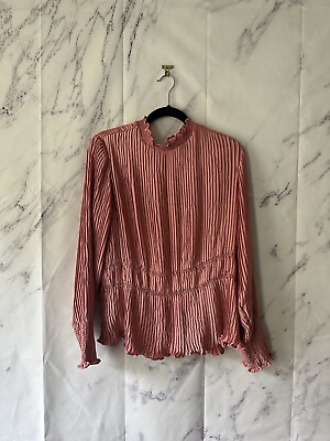 #ad CATO PINK SATIN FEEL ACCORDION RUFFLE NECK LONG SLEEVE BLOUSE WOMENS 1X $17.10