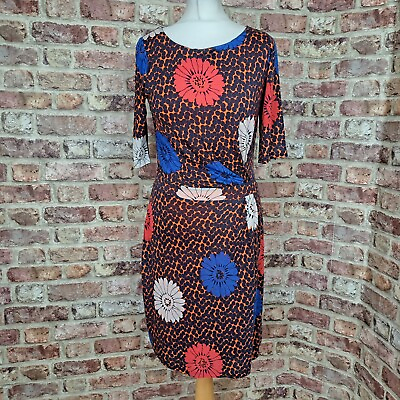 #ad Boden Dress Orange Blue Floral Jersey UK 10P Straight Knee Length Ruched Lined GBP 16.00