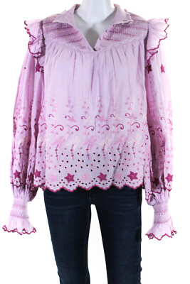 #ad Love Shack Fancy Womens Button Front Smocked Eyelet Ruffled Shirt Pink Medium $79.29