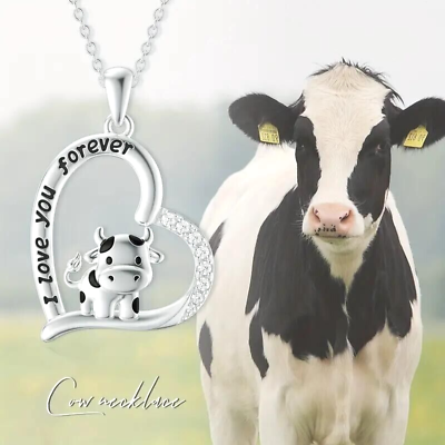 #ad Stylish Cute Heart Necklace Heart Cow Pendant Animal Necklace Women Girls Gift $12.98