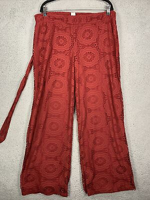 #ad Pink Coconut Crochet lace Overlay Pants Wide Leg 2XL Red Belt Beach Flowy $19.99