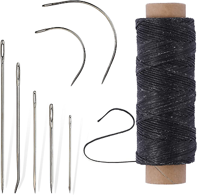 #ad 55Yards Waxed Thread with 7 Pcs Leather Needles for Hand Sewing 150D Black $9.49