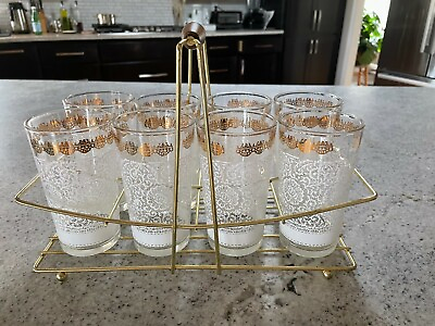 #ad Vintage set of 8 white lace w gold trim mid century modern with gold caddie $145.00