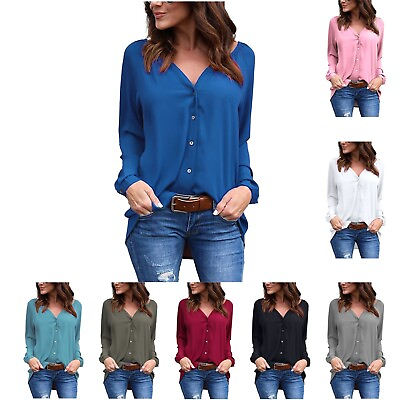 #ad Women Neck Pleated Tops Button Down Long Sleeve Loose Solid Chiffon Shirt Blouse $16.54