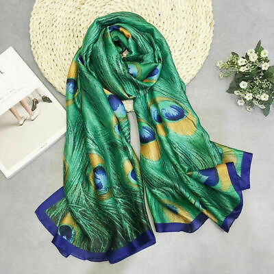 #ad Women Chiffon Silk Scarf 90*180cm Green Peacock Feather Print Long Shawl Wrap $9.07