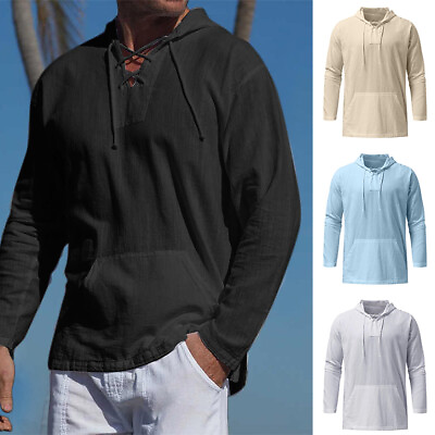 #ad Cotton Linen Strappy Neck Pullover Blouse Tops Leisure Hooded Long Sleeve Men $20.55