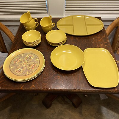 #ad Vintage Mid Century Melamine Dinner Ware Mustard Yellow 29 Pieces $52.00