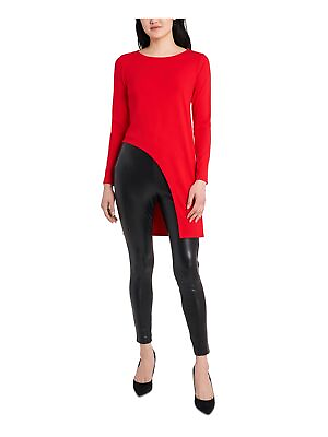 #ad VINCE CAMUTO Womens Red Darted Asymmetrical Long Sleeve Round Neck Tunic Top S $11.99