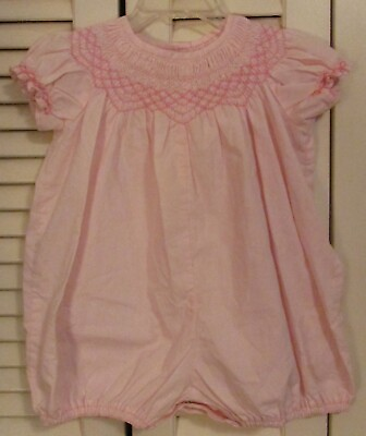 #ad Handmade Smocked Baby Girls Pink Bishop Bubble Romper 12 18M Snap Crotch $15.44