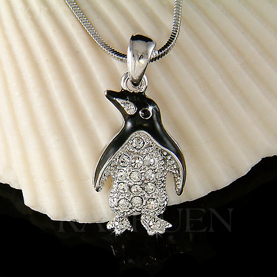 #ad Black White Emperor Penguin made with Swarovski Crystal Jewelry Chain Necklace $41.00