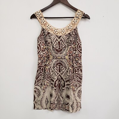 #ad Free People Womens Tiki Mini Dress Size 4 Brown Crochet Beaded Neck Floral Boho $26.89