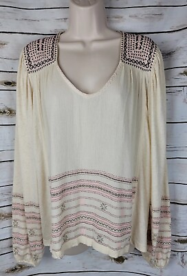 #ad Lucky Brand Oatmeal Embroidered Top L Peasant Boho Pink Brown Womens Balloon $20.99