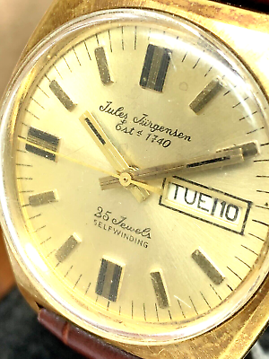 #ad Jules Jurgensen Men#x27;s Watch 25 Jewels Automatic Vintage Gold Dial Day Date 36mm $157.50