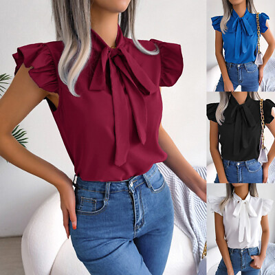 #ad Women Ruffles Lace Up Casual Summer T Shirt Lady Short Sleeve Holiday Blouse Top $25.74