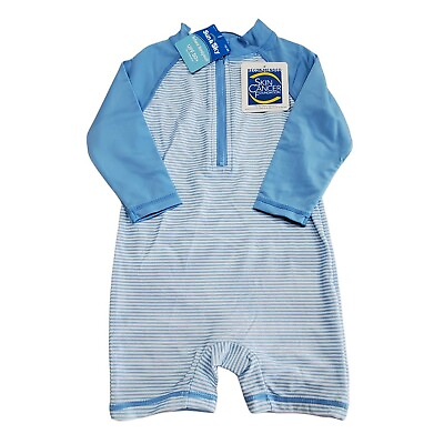#ad Infant Boy Swim Body Suit With Sun Protection Blue White Stripe UPF 50 $4.89
