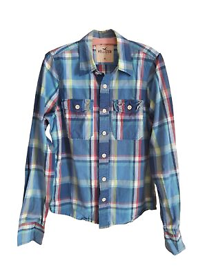 #ad Hollister Mens Shirt Long Sleeve Blue White Red Check Cotton Size Medium GBP 18.99