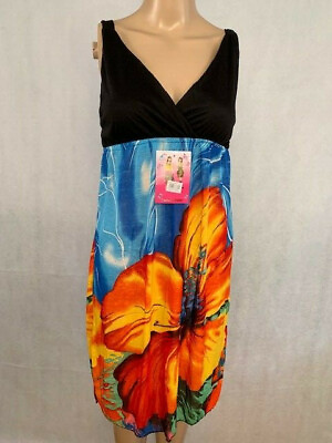 #ad Shi Yunlai Summer Floral Print Fun Beach Cover Up Dress Black Blue Orange Size L $14.44