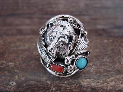 #ad Navajo Sterling Silver Turquoise amp; Coral Growling Bear Ring by Saunders Siz... $119.99