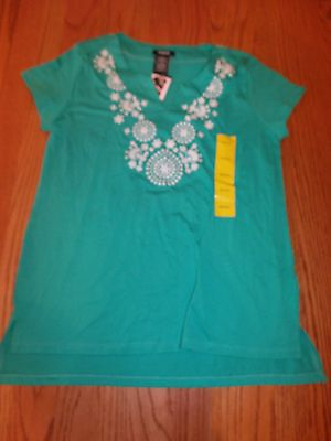 #ad Nwt Womens Premise Poolside Splash Green Short Shirt Embroidered Top Small S $10.36
