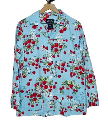 #ad Nick amp; Nora Strawberry Heart Lips Blue Button Up Pajama Top Size Medium $20.00