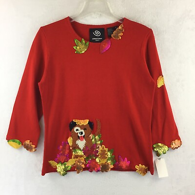 #ad Michael Simon Y2K Lightweight 3 4 SLV Sequin Dog Fall Leaves Sweater NWT Size M $149.50