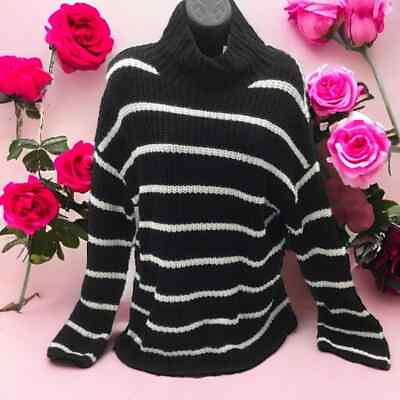 #ad Caslon Womens Size Small Sweater Pullover Turtleneck Chunky Black White Stripe $15.95