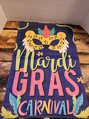 #ad Mardi Gras Carnival Leopard Mask w Feathers Burlap Mini Decorative Garden Flag $8.90