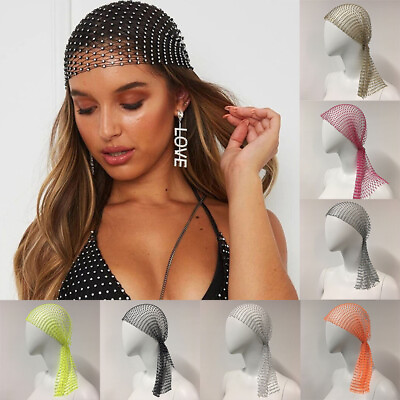 #ad Women Crystal Mesh Hair Net Crochet Cap Snood Rhinestone Turban Hats Head Scarf $2.79