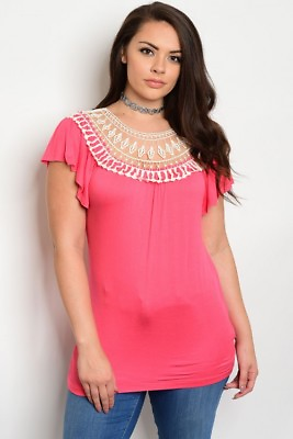 #ad Womens Plus Size Coral Pink Top 2XL Crocheted Lace Neckline $21.95
