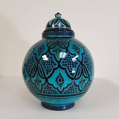 #ad Vintage Moroccan Urn Exotic Handmade Wheel Thrown Terracotta Vase Turquoise Blue $145.00