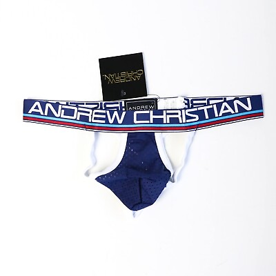 #ad NWT Andrew Christian Retro Mesh Stripe Y Back Thong Underwear Navy Blue New Men $28.00