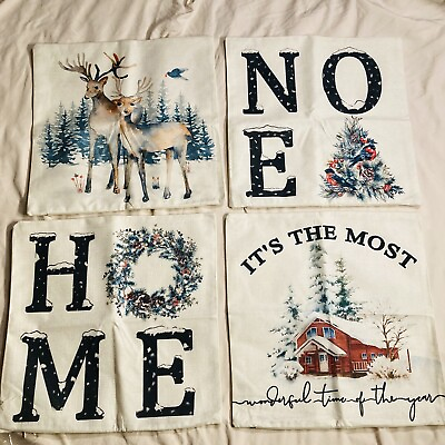 #ad XMAS Winter PillowCases Cover w Zipper in Painted Style Print Varied Set Of 4 $9.59