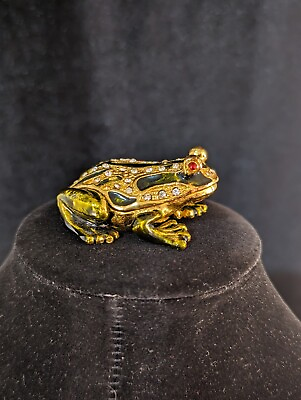 #ad Jewel Encrusted Golden Frog Trinket Pill Box Heavy Brass $50.00