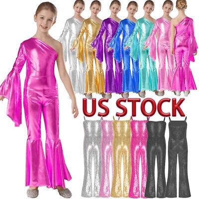 #ad US Kid 70s Disco Costume Girls Dance Jumpsuit Sequins Cami Long Unitard Bodysuit $14.31