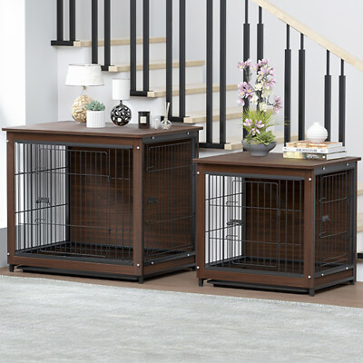 Heavy Duty Indoor Kennel Dog Furniture Crate End Table w Wooden Top Cage Metal $95.95