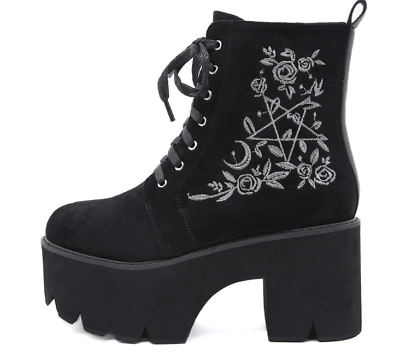 #ad Gothic Rose Flower Platform Boots Pentagram Crescent Moon Lace Up Shoes new $49.99